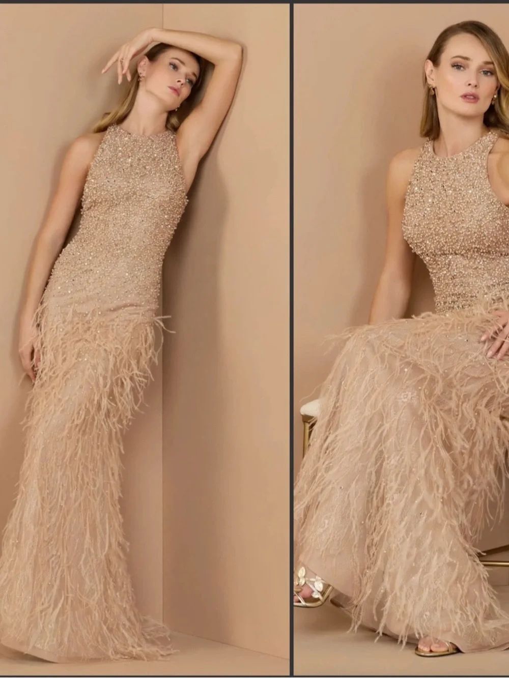 NWT MAC DUGGAL COLLECTION 77114 Beige Embellished Lace Sleeveless Feather Gown S